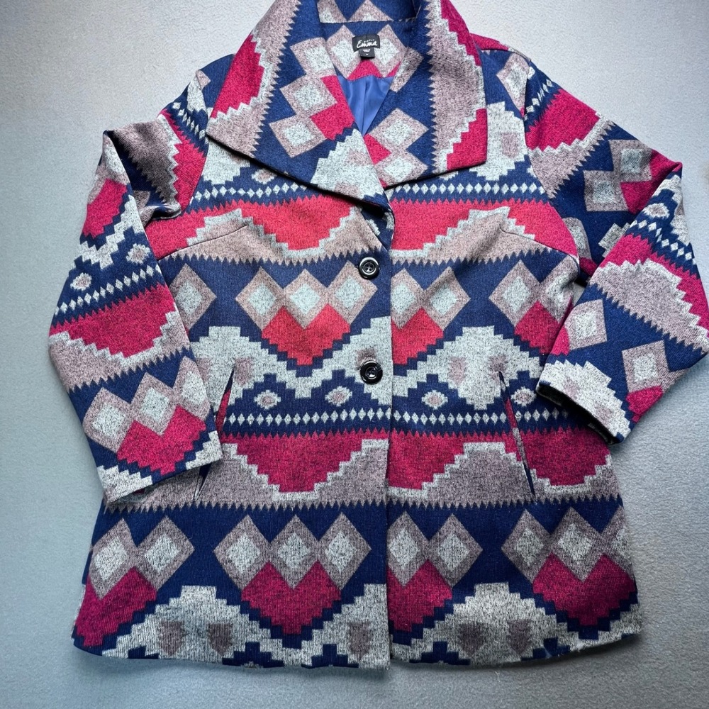 Simply Emma Southwestern Geometric Coat Womens 2X Red Navy Blue Aztec Button‎